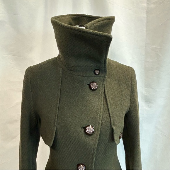 Mackage military green wool blend pea coat high neck asymmetrical button front - Picture 4 of 12